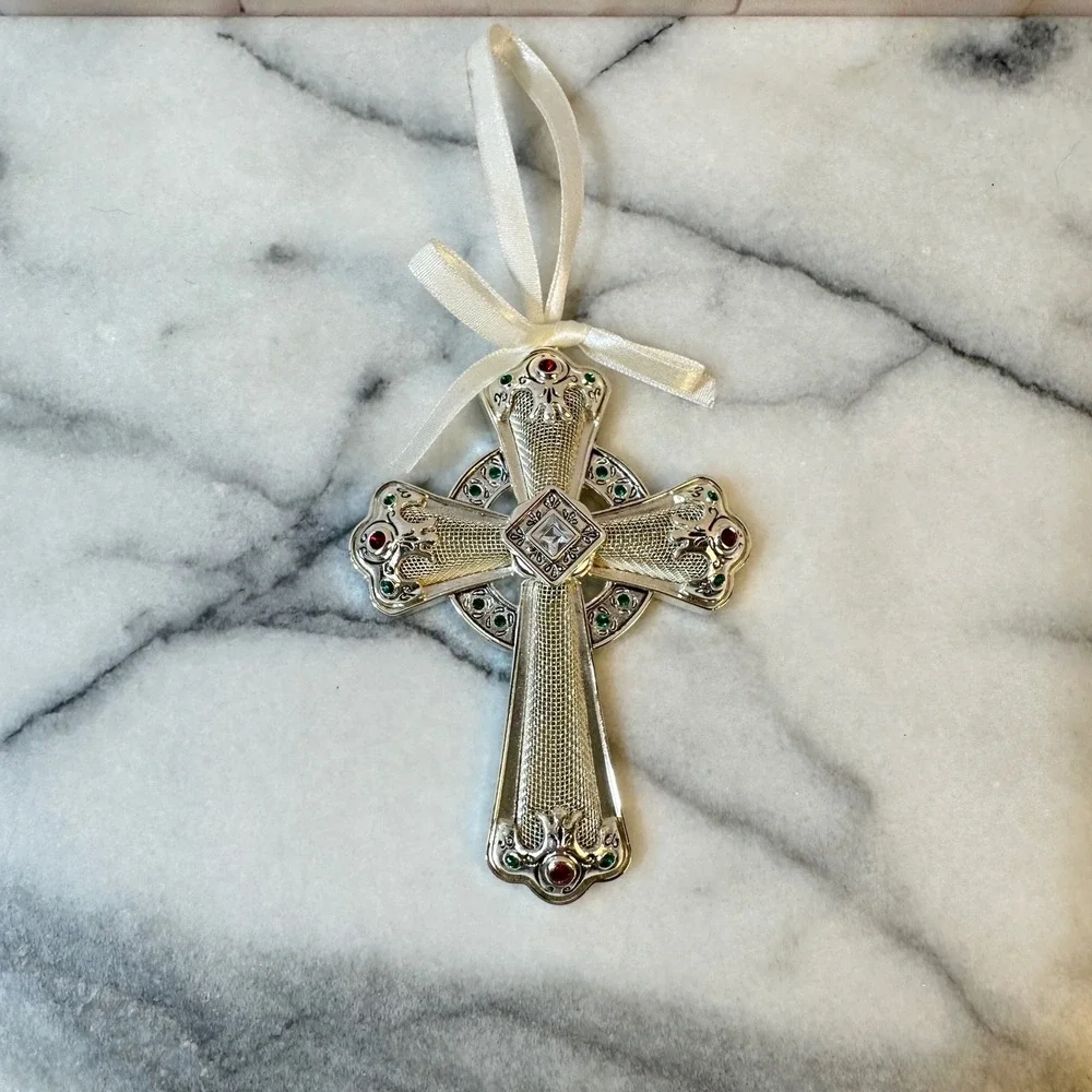 Towle Silver Plated Celtic Cross Christmas Ornament Jeweled Rhinestones 4.25in